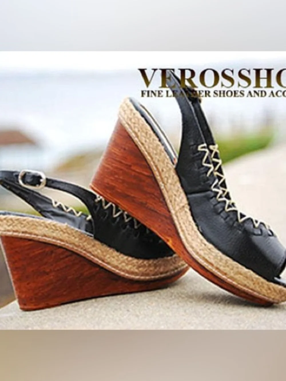 Black Leather Espadrille Wedge Slingback Sandals